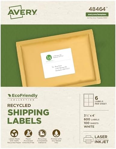 Avery® EcoFriendly Recycled Shipping Labels, 3-1/3" x 4", White, Permanent Label Adhesive, 600 Printable Labels (48464)