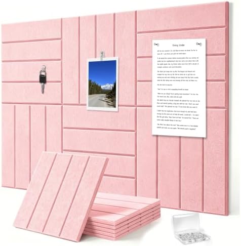 0.47" Thick Felt Wall Tiles 36"x24" Cork Board Alternative 6 Pack 11.81"x11.81"Felt Bulletin Board Pin Board with Removable Adhesive Tape&30 Pushpins for Home Office School(Bold-Coral Pink)