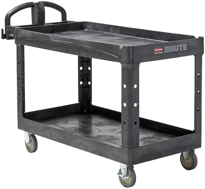 Rubbermaid Commercial Products BRUTE Heavy Duty 2-Shelf Utility/Service Cart, Medium, Lipped Shelves, Ergonomic Handle, 750 lb Capacity, Black, for Warehouse/Garage/Cleaning/Office