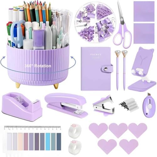 Office Supplies,Purple Desk Accessories,Desk Organizer,Stapler,Tape Dispenser,Folding Phone Stand,Scissors,Notebook,Staple Remover,Staples,Clear Tape,Sticky Notes,Clips,Cool Pen,Bookmark,Ect.22pcs