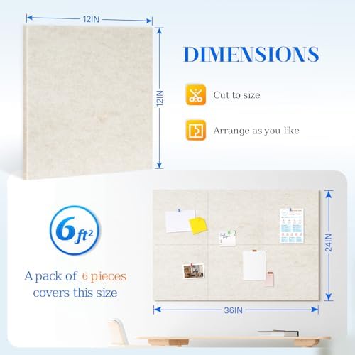 DOLLAR BOSS Felt Cork Board Tiles, 6 Pcs 12" x 12" Bulletin Board, Beige