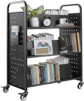 VEVOR Rolling Library Book Cart, 330 lbs Capacity, 38.2 x 20.3 x 48.2-Inch Library Cart, Double Sided W-Shaped Shelves with 3-Inch Lockable Wheels, Book Truck for Home Shelves Office and School, Black