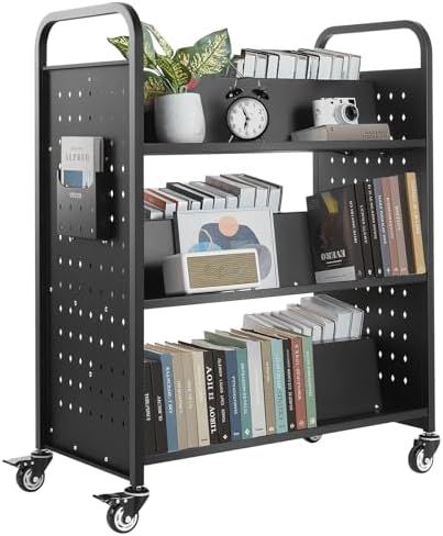 VEVOR Rolling Library Book Cart, 330 lbs Capacity, 38.2 x 20.3 x 48.2-Inch Library Cart, Double Sided W-Shaped Shelves with 3-Inch Lockable Wheels, Book Truck for Home Shelves Office and School, Black