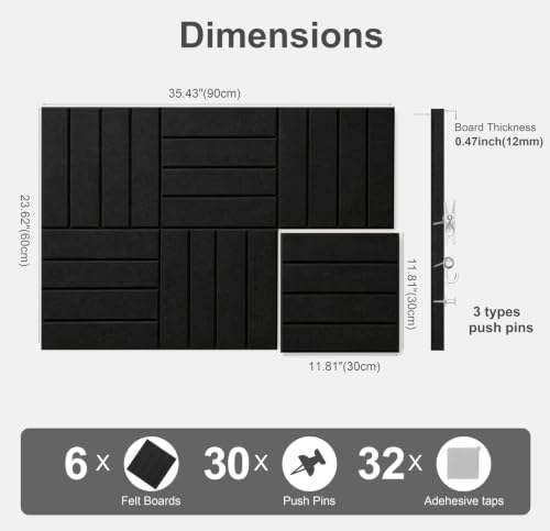 0.47" Thick Felt Wall Tiles 36"x24" Cork Board Alternative 6 Pack 11.81"x11.81"Felt Bulletin Board Pin Board with Removable Adhesive Tape&30 Pushpins for Home Office School(Bold-Black)