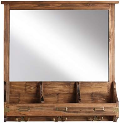 Kate and Laurel Stallard Decorative Rustic Wood Home Organizer with Mirror, Pockets, and Key Hooks, Rustic Brown