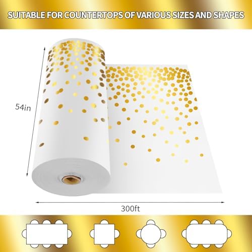 CXPSINC 54 Inch X 300 Feet Plastic Table Cover Roll Disposable Tablecloth with Slide Cutter for All Type/Shape Tables | Party, Banquet, Birthdays, Weddings(White & Gold Dot, 300 Feet)