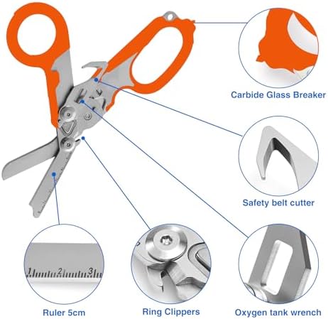 Heavy Duty 6 in 1 Multifunctional Trauma Shears Foldable | Stainless Steel emergency response scissors | Survival Shears with Holster | Medical Trauma shears Tactical With Strap Cutter | Orange