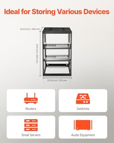 VEVOR 16U Open Frame Server Rack & Network Rack, Wall Mounted or Floor Standing, Heavy Duty 4 Post, with 2PCS Vented 1U Shelves & Mounting Hardware, Holds All 19'' Networking IT Equipment AV Gear