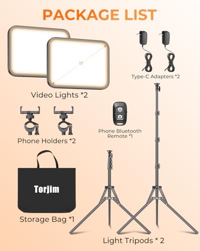 Torjim 11 Inch Video Light Kit for Creators-24W High Brightness Studio Lights with Tripod Stand & Phone Holder & Remote, Adjustable Photography Lighting for Clearer YouTube Streaming Home Studio