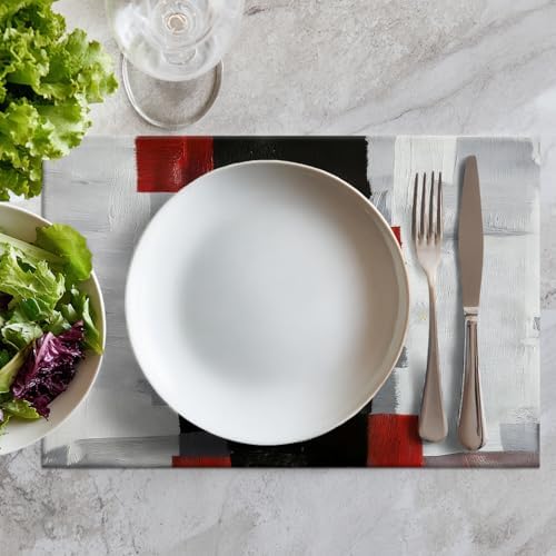 Batmerry Grey Modern Modern Art Linen Placemats Set of 8, Red Art Plaid Washable Table Mats for Kitchen Table Thickened Heat Insulation Dining Set Indoor Outdoor 12X18 in