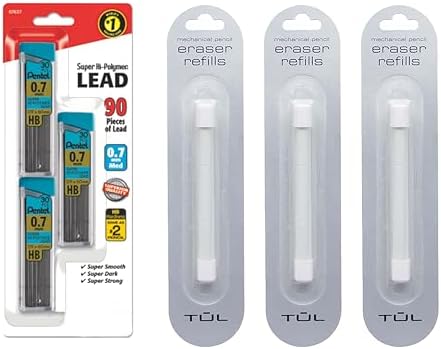 Mechanical Pencils Refill Set, Includes (3 Pack 9 Erasers), & Super Hi-Polymer 0.7 mm Lead Refills, 3 Pack Tubes, 90 Pieces Of Lead, (Refill Set)