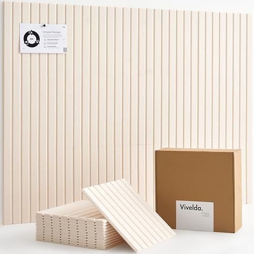 VIVELDA Felt Bulletin Board Tiles 48"x36" - 12-Pack Cork Board Alternative, OEKO-TEX Certified, NRC 0.95 Acoustic Felt Wall Panels, Damage-Free Adhesive, Slatted Design Home Office & Classroom (Linen)