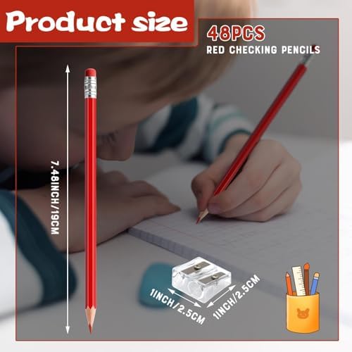 48 PCS Red Pencils Bulk with Eraser, Pre-Sharpened HB Pencils for Writing & Drawing, School Supplies for Kids Homework, Tests, Art Crafts & Teacher Grading (Red)