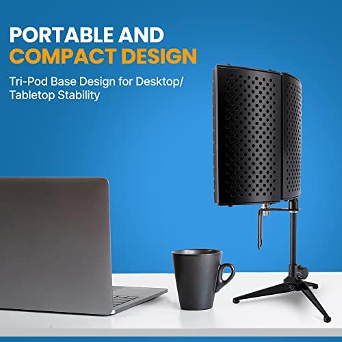 Pyle Compact Microphone Isolation Shield – Portable Studio Mic Sound Dampening Foam Reflector with Adjustable Panels, Acoustic Foam, Tabletop Tripod Stand for Recording & Podcasts