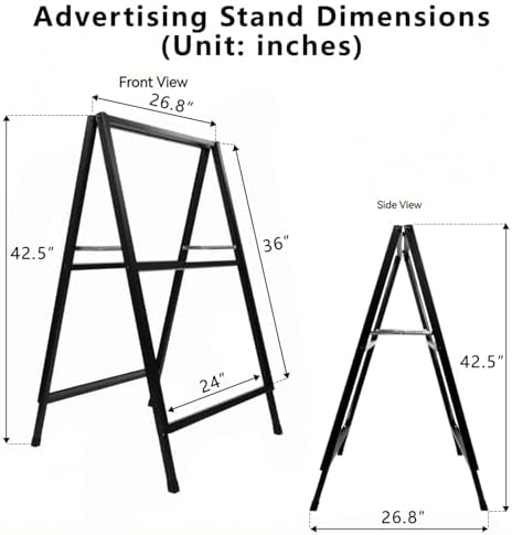 Heavy Duty A Frame Sign 24x36 inch - Double Sided Slide-in Metal Sandwich Board for Outdoor Sidewalk Business Advertising, Black Folding Pavement Display Stand, Frame Only
