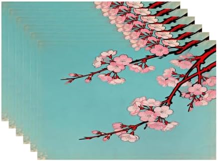 Batmerry Shabby Chic Cherry Blossom Linen Placemats Set of 6, Artistic Floral Illustration Washable Table Mats for Kitchen Table Thickened Heat Insulation Dining Set Indoor Outdoor 12X18 in