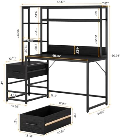 Tribesigns 55 Inch Computer Desk with 2 Drawers and Storage Shelves, Rustic Office Desk with Hutch, Study Writing Gaming Table Laptop Workstation for Home Office (Black)