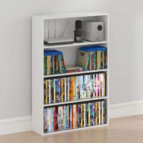 Furinno Basic DVD Shelf, 4-Tier CD Rack, Media Shelf, White | 6 x 24 x 35, Open Shelf for DVD Blueray Game Disc, Storage Cabinets, for Living Room, Bedroom, Home Office