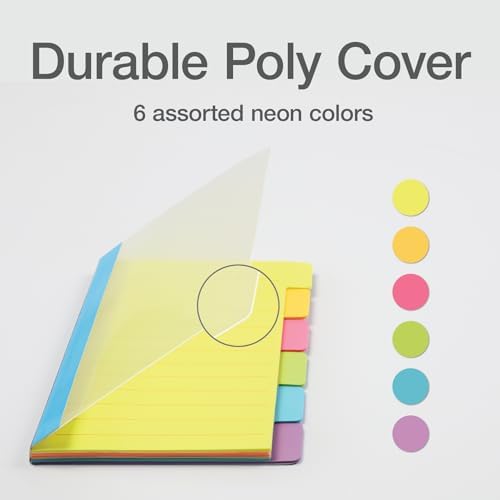 Redi-Tag Divider Sticky Notes, Tabbed Self-Stick Lined Note Pad, 60 Ruled Notes, 4 x 6 Inches, Assorted Neon Colors (29500)