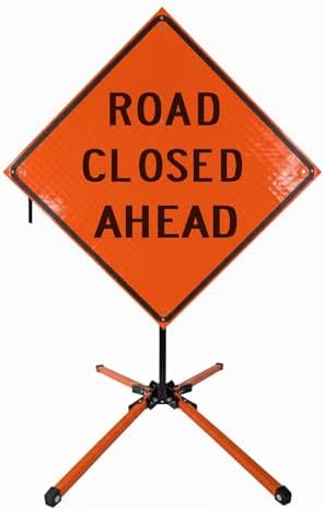 Traffic Roll-Up Sign Kit with Stand – Collapsible Safety Sign & Heavy-Duty Portable Stand, High Visibility, Easy Setup (Road Closed Ahead, Reflective)