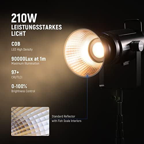 NEEWER CB200B 210W LED Video Light with 2.4G/APP Remote Control, All Metal Bi Color COB Continuous Output Lighting with Bowens Mount 90000Lux/1m 2700K-6500K CRI/TLCI97+ 12 Effects for Video Recording