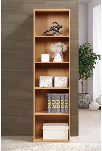 Pemberly Row 5-Shelf Wooden Bookcase, Beige Finish, Slim Design, 59 in H x 15.9 in W x 11.8 in D, Contemporary Style, Multi-Purpose Storage for Office, Bedroom, Kids Room, or Entryway