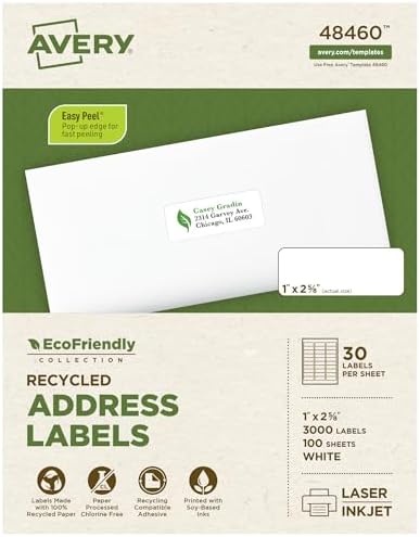 Avery® EcoFriendly Recycled Address Labels, 1" x 2-5/8", White, Permanent Label Adhesive, 3,000 Printable Labels (48460)