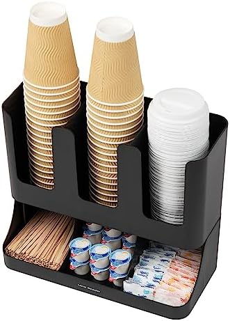 Mind Reader Condiment Station, 13 Inch Countertop Coffee Bar Organizer with 6 Compartments, Storage Caddy for Cups, Lids and Packets, Plastic, Black