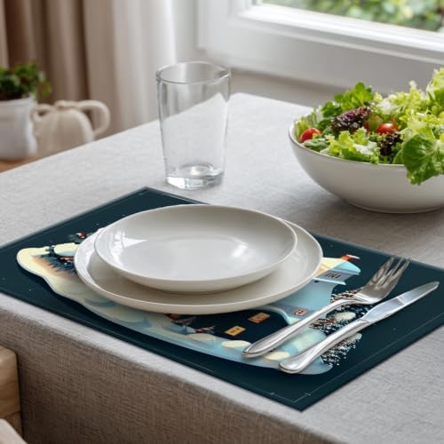 Batmerry Christmas Houses Linen Placemats Set of 8, Holiday Building Covered Snow Spruce Washable Table Mats for Kitchen Table Thickened Heat Insulation Dining Set Indoor Outdoor 12X18 in