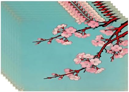 Batmerry Shabby Chic Cherry Blossom Linen Placemats Set of 8, Artistic Floral Illustration Washable Table Mats for Kitchen Table Thickened Heat Insulation Dining Set Indoor Outdoor 12X18 in