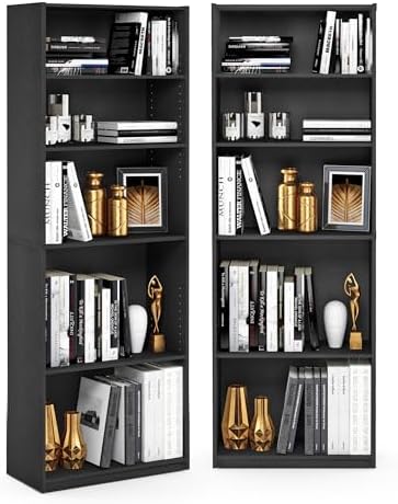 Furinno Jaya 5-Tier Book Shelf Set of 2, Adjustable Shelf, Black