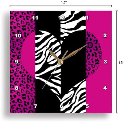 3dRose DPP_35437_2 Pink Black and White Animal Print Leopard and Zebra Heart Wall Clock, 13 by 13-Inch