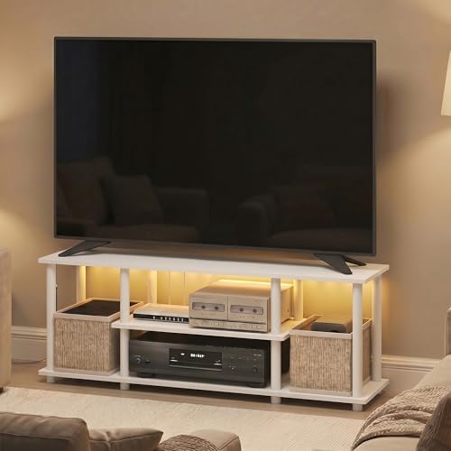Furinno Turn-N-Tube 3-Tier No Tools TV Stand with LED Lights, White | for TV up to 50 Inch, Open Frame Entertainment Center, TV Console for Living Room, Bedroom