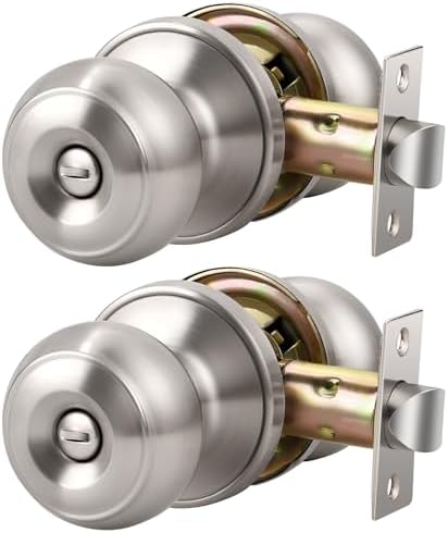 KNOBWELL 2 Pack Privacy Door Knob with Lock in Brushed Nickel Finish for Bedroom and Bathroom, Indoor Security Door Handle with Privacy Lock, Satin Nickel Interior Door Knobs