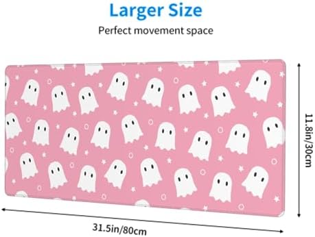 Pink Cute Ghost Mouse Pad XL 31.5 X 11.8 Inch Halloween Kawaii Spooky Funny Design Gaming Mousepad Extended Large Laptop Keyboard Desk Mat Non-Slip Rubber Base Stitched Edges for Home Office