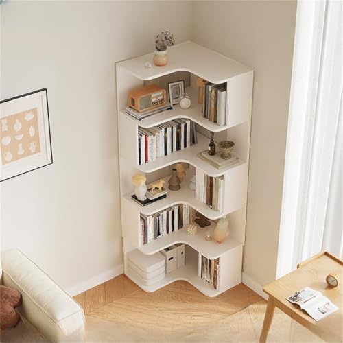 Vertical L-Shape Storage with Open Back 5 Shelves Corner Bookshelf Wood Floor Rack Student Integrated Wall Bookcase Corner Cabinet Multi-Layer Storage Cabinet White 24" L x 24" W x 63" H