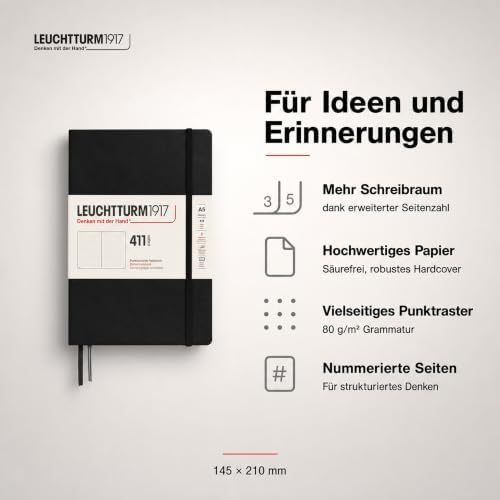 LEUCHTTURM1917 372931 Notebook 411 Medium (A5), Hardcover, 411 Numbered Pages, Black, Dotted, More Thoughts, More Ideas, More Memories, More Pages