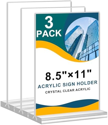 Arrobust 8.5x11 Acrylic Sign Holder 3 Pack Vertical Clear Table Menu Signs Holder,