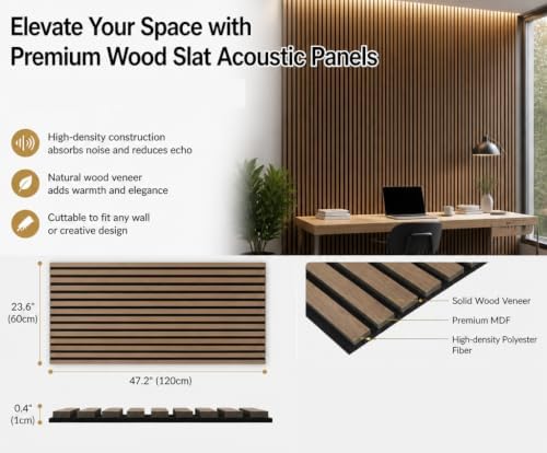 5 Pack Large Wood SlatWall Acoustic Panels for Wall 47.2 x 23.6 x 0.4 Inch Soundproof Sound Absorbing Decor Panels Wood Veneer Panels for Living Room Bedroom Home Studio Office Decor (Walnut, 5 Pack)