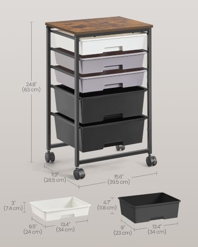 VASAGLE Rolling Cart with Drawers,5 Drawers Storage Cart, Black