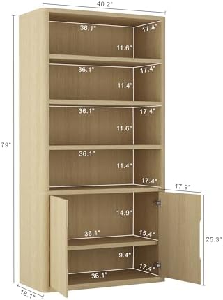 Manhattan Comfort Rivington Bookshelf, 79" Tall 4 Open Shelve Bookcase with Adjustable Shelves, Soft Close Doors for Living Room or Home Office, Rounded Corner Storage Cabinet, Set of 2 in Natural Oak