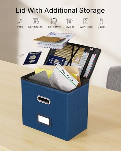 Oterri File Box Small 1-Pack Mesh Pockets Hanging Organizer for Letter-Size | Dustproof Lid. 3 Mesh Pockets. Collapsible Scratch-Resistant GRS Linen. Slide Rails. Office, Home, Dorm