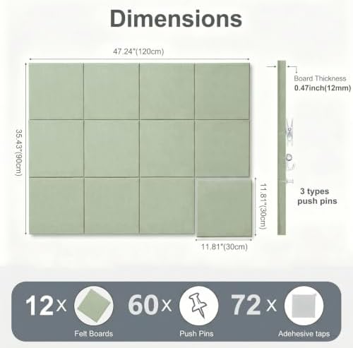 0.47" Thick Felt Wall Tiles 48"x36" Cork Board Alternative 12 Pack 11.81"x11.81"Felt Bulletin Board Pin Board with Removable Adhesive Tape&60 Pushpins for Home Office School(Flat-Sage)