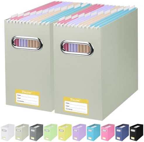 BALEINE 2PK File Organizer Box, Cardboard File Folder Organizer with Handle | Strong Corrugated Paper Core, Label Stickers for Identification, Hanging File Folder Organizer, Home Office Document Storage