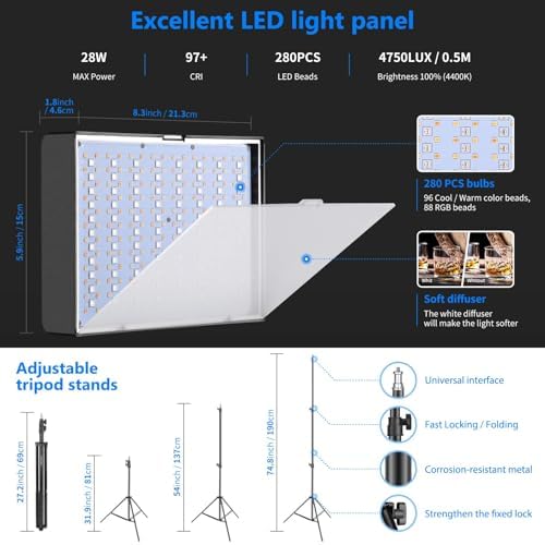 NEEWER 2 Pack RGB Video Light with Tripod Stands NP-F550 Batteries, Studio LED Panel Key Lighting Kit for Game Streaming YouTube Recording Photography Photoshoot Podcast, APP Control/CRI97+, RGB-P280