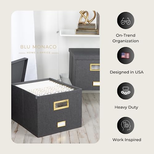 BLU MONACO | Desktop Hanging File Organizer Box with Lid | Hanging File Organizer for Desk in Grey Linen | File Bins with Lids for School and Office Storage
