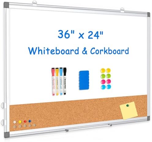 Whiteboard Cork Board Combo for Wall, 36" x 24" Dry Erase Whiteboard