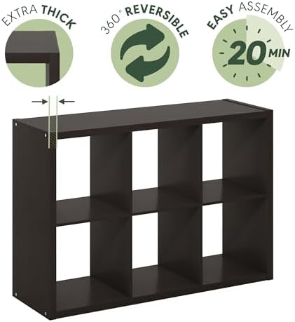 Furinno Cubicle Book Shelf Set of 2, 6-Cube Bookshelf, Black Dark Oak