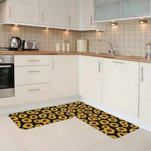 Lovely Sunflower Kitchen Floor Mat 2 Sets, Non Slip Rugs Absorbent Mats for Floor Countertop Office Home, Sunflower Indoor Outdoor Decor Doormat 17" x 29.5" + 17" x 47"