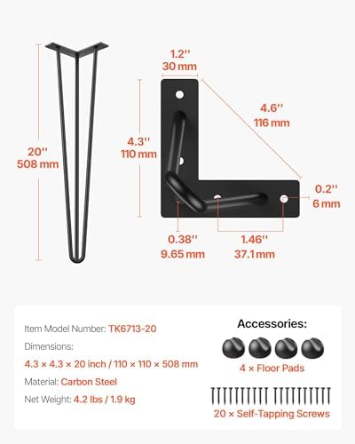 VEVOR Hairpin Table Legs 20" Black Set of 4 Desk Legs 880lbs Load Capacity (Each 220lbs) Hairpin Desk Legs 3 Rods for Bench Desk Dining End Table Chairs Carbon Steel DIY Heavy Duty Furniture Legs